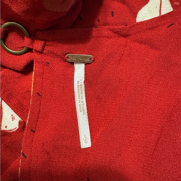 Free People Lovely Day Floral Print Mini Tunic Dress L Red Boho Tie Front Boxy - Picture 14 of 15